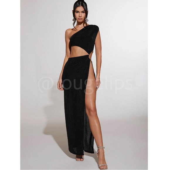 Black Cutout Asymmetrical Dress One Shoulder Open Side Gold Rope Detail - Picture 4 of 16